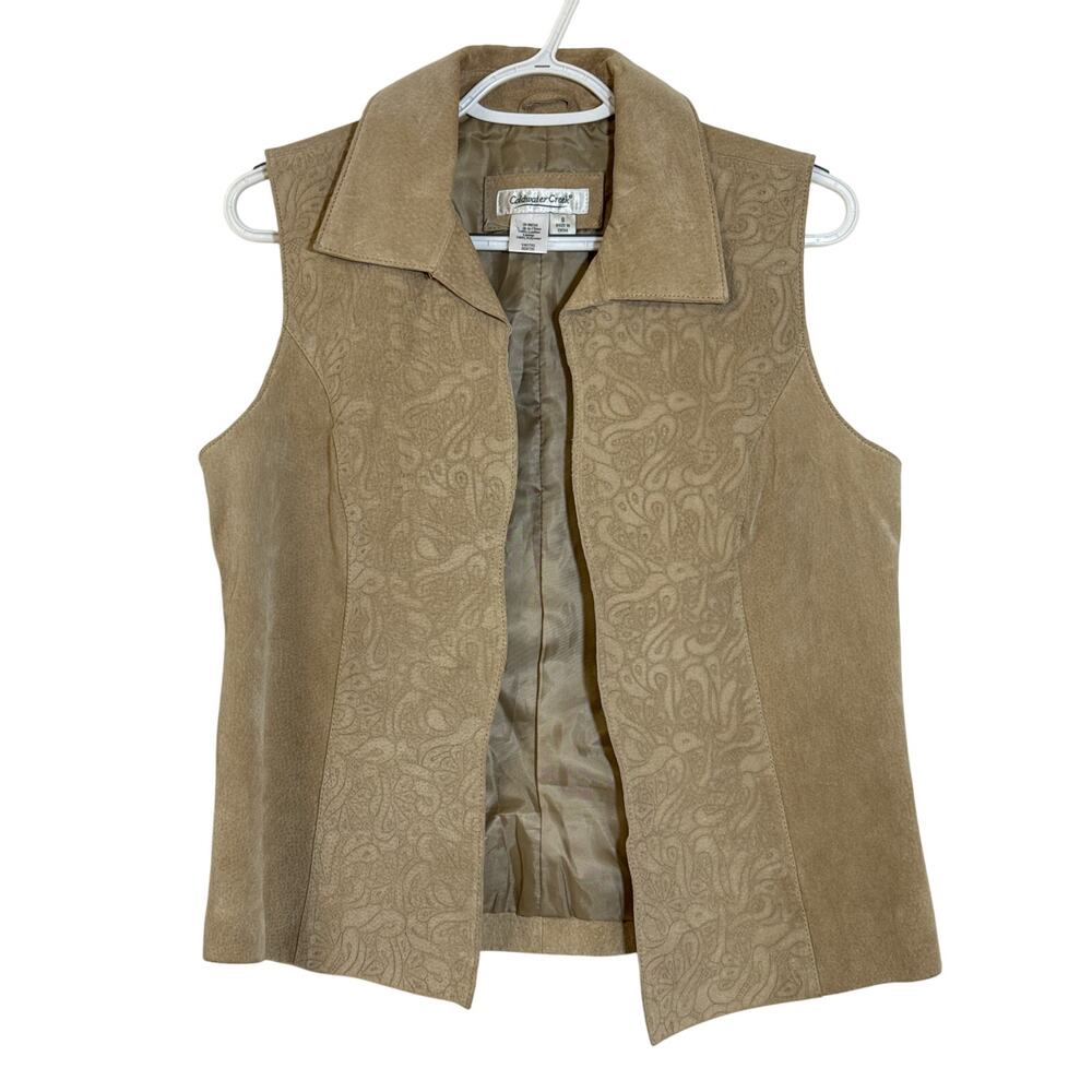 Coldwater Creek Small Tan Suede Leather Vest with Embossed Panels and Lining